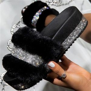 Designer Women Fur Rhinestone Slippers Platform Wedges Heel Solid Fluffy Furry Slides Outside Sexy Shoes Ladies Sapatos De Mujer Y1120