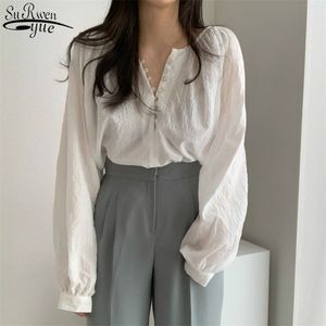 Fransk stil vintage vit puff långärmad kvinna skjortor bomull lös singel-breasted kvinnors blus overalls för kvinnor 11021 210518