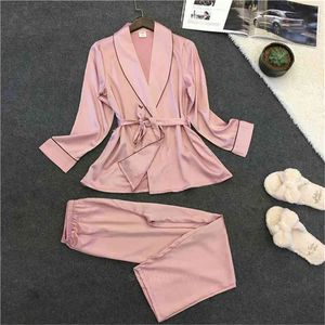 Satin Silk Sexy Piżamy Zestawy dla kobiet Suit Pink Home Sleeperwear Night Long Rękaw Loungewear 2 sztuk Odzież Pant 210809