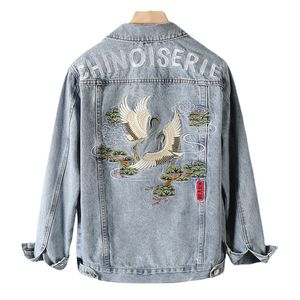 Höst män chinoiserie broderade kranar kinesisk stil denim jacka mode japanska streetwear kläder coats 5xl