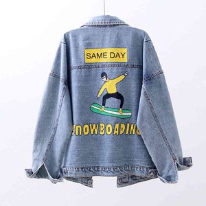 Women Blue Letter Cartoon Print Denim Jacket Single-breasted Pocket Long Sleeves Turn Down Collar Jean Coat C0177 210514