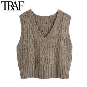 TRAF Женщины Мода с ребристыми отделкой Кабель вязаный жилет свитер Vintage V-образным вырезом без рукавов женский жилет шикарный Tops 210415