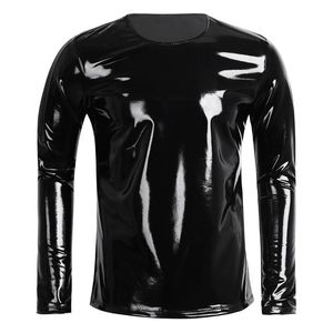 T-shirt da uomo T-shirt da uomo in pelle verniciata nera T-shirt a maniche lunghe con cerniera O-Collo T-shirt stile discoteca Top pullover hip-hop lucido metallizzato