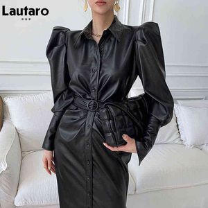 Lautaro Herbst Langes Weiches Schwarzes Kunstleder Hemdkleid Gürtel Puff Langarm Knöpfe Elegante Luxus Stilvolle Kleider für Frauen G1215