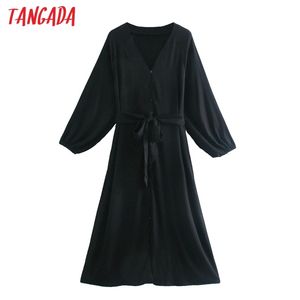 Мода Женщины Черная Хломатная Рубашка с поясом Урожай с длинным рукавом Офис Дамы MIDI Платье CE70 210416