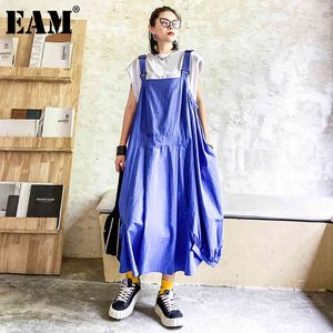 [EAM] Women Black Big Size Pleated Pocket Strap Dress Square Neck Sleeveless Loose Fashion Spring Summer 1DD7988 21512