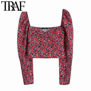 Women Vintage Stylish Floral Print Short Style Blouses Fashion V Neck Long Sleeve Back Elastic Female Shirts Chic Crop Top 210507