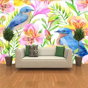 Wallpapers Hand Painted Watercolor Alstroemeria Flower Blue Bird Wallpaper For Living Room Sofa Background Wall Paper Home Decor Mural
