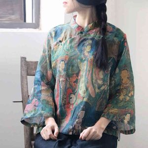 Johnature Women Vintage Ramie Stand Shirts Print Mural Tops Spring Seven Sleeve Button Blouses High Quality Female Shirts 210521