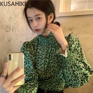 Vintage Turtleneck Leopard Blouse Spring Puff Sleeve Women Shirt Causal Pullover Blusas Feminimos Top 6E399 210603