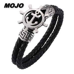 High Grade Viking Style Stainless Steel Rudder Charm Bracelets Toggle Clasps Black Genuine Leather Bracelet