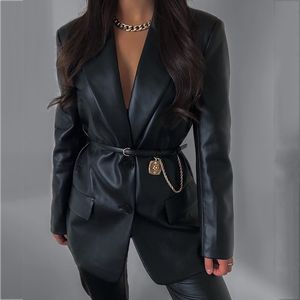 Foridol Vintage StreetStyle Black Dupla Breasts Pockets Bolsos Casaco Outono Inverno Faux Leather PU Blazer Jaqueta Mulheres Top 210415