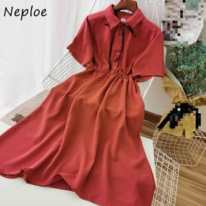 Neploe Women Dresses Summer New Turn-down Collar Slim Wasit Drawstring Solid Single Breasted Sweet Chiffion Dress 82196 210423