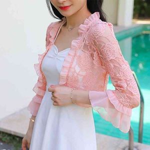 Summer Lace Shirt Women Blouse Hollow Out Lace Crochet Short Tops Cardigan Shawl Waistcoat Vest Blusas Femininas T91591 210721