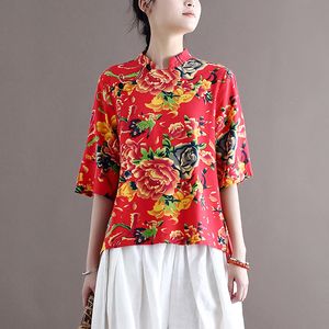 Johnature Mulheres Vintage Impressão Floral Camisas e Tops Stand Blusas Botão Verão Vermelho Vermelho Solto Estilo Chinês Feminino Camisas 210521