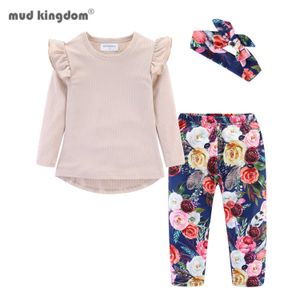 Mudkingdom Vestito floreale a costine per bambine con fascia a maniche arricciate Set di pantaloni a 3 pezzi carino per abbigliamento per bambini Primavera 210615