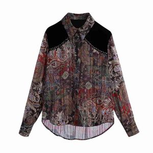 Kvinnor sammet splicing vintage utskrift chiffong skjortor kvinnlig långärmad blouses casual lady lösa toppar blusas s8292 210430