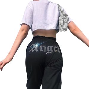 Sweatpants Women Baggy Casual Streetwear Y2k Mid Waist Drawstring Diamond Letters Slim Beam Feet Pants Teen Girl Autumn Clothing 210604