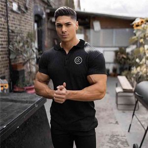 Running Gym Polo Shirt Men Fitness Knitted T Shirt Male Bodybuilding Workout Slim Fit Tee Shirt Summer Fashion Solid Clothing 210421