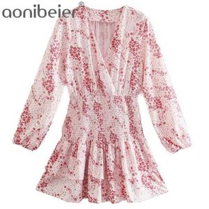 Kvinnor Za Rosa Dubbel Ruffles Klänning Ditsy Blommigryck Långärmad V-Neck Lossa Hög Sweet Mini Vestidos Mujer 210604