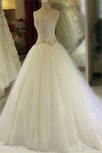 Wunderschöne funkelnde Kristalle Hochzeitskleid Perlen Pailletten Prinzessin Brautkleider Elegante Schnürung Zurück Eine Linie Perlen Sweetheart Brautkleider