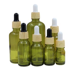 False Wood Plastic Lid Olive Green Glass Bottle Cosmetic Packaging Refillable Containers Empty Essential Oil Rubber Dropper Vials 5ml 10ml 15ml 20ml 30ml 50ml 100ml