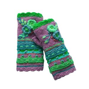 Five Fingers Gloves Quality Handmade Knitted Women's Winter Autumn Flowers Fingerless Black Mittens Warm Woolen Embroidery