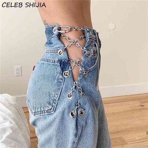 Chain Sexy Jeans Woman Streetwear High Waist Straight Leg Pants Female Denim Light Blue Pantalones Clothes 210809