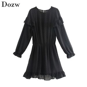 Sexy Hollow Out Mini Haft Sukienki Dwuczęściowy Zestaw Solidna Z Długim Rękawem Elastyczna Talia Plisowana Sukienka Party Kobiet Ruffles Vestido 210515