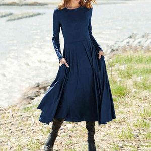 Casual Women Dresses Långärmad O-Neck Kvinnlig Klänning Dam Lös T-shirt Mid-Long Dress With Pocket Eleganta Klänningar För Kvinnor Y1204