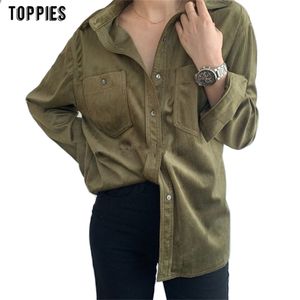 Wiosna Kobiety Długie Rękawy Sztrukja Koszula Vintage Topy Koreańska Moda Oversize Grube Bluzka 210421
