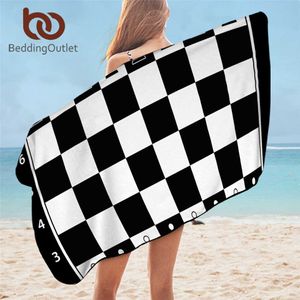 Beddingoutletチェスボードバスタオルゲームマイクロファイバービーチタオル黒と白ピクニックマット75x150cm正方形ティーンシンブランケット210611