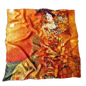 Vår 100% Naturlig Silk Scarf Kvinnor Gustav Klimt Oljemålning Adele Bloch-Baue Bandana Foulard Femme Square Shawls Wraps 90cm