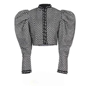 Chic Street Style Dot Print Crop Jackor Women Spring Puff Sleeve Stand Collar Silm Coats Casual All-Match Kvinna Toppar 210525