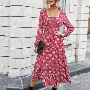 Floral Print Długi rękaw Jesień Sukienka Dla Kobiet Ubrania Białe Boho Casual Midi Eleganckie Vestidos Spring 210427