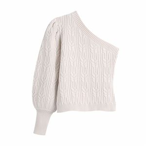 Элегантные женские косой косой шеи свитера мода женские белые твист трикотажные топы уличная одежда женский шикарный слойный рукав пуловеры 210527