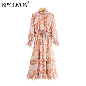 Impressão floral elegante Ruffled Midi Dress Mulheres Moda Manga Longa Elástica Cintura Escritório Desgaste Feminino Vestidos 210420