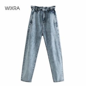 Wixra 캐주얼 여성 데님 바지 높은 탄성 허리 주머니 빈티지 바지 숙 녀 스트리트웨어 솔리드 엄마 ​​청바지 210925