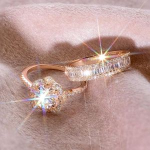 Vigselringar Ramos Kvinna 925 Silver Color Crystal Zircon Ring Set Vintage Rose Gold för Kvinnor Blomma Bröllop Engagement