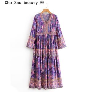 beauty Fashion Boho Vintage Floral Print Maxi Dress Women Beach Chic Pagoda Sleeve Dresses Female Vestido De Moda 210514
