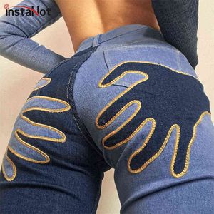 Insta kvinnor flare jeans broderi byxor y2k casual streetwear denim mode vintage kvinnlig sexig patchwork pantalones 211129