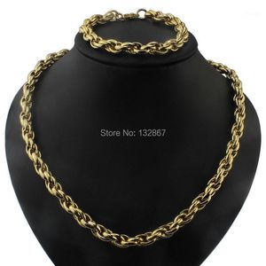 Earrings & Necklace 123g Heavy Stainless Steel Gold 9mm Rope Chain Bracelet Set For Men Women Jewelry