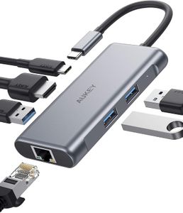 Aukey USB-C HUB, 6 en 1 Adaptateur USB-C, MET RJ45 Ethernet 1000 Mbps, 4K HDMI, 3 USB 3.0, 100 W Charging PD, HUB Type C en Solde