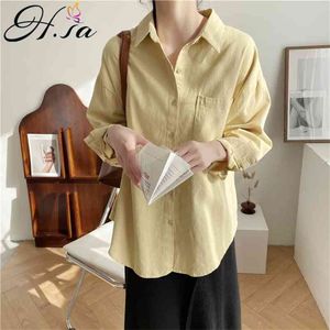 HSA Mode Frauen Langarm Bluse Casual Button Up Shirts Elegante Gelb OL Asymmetrische Tops Frühling Blusas Femininas 210430