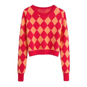 Evfffer Womens 2021 Za Moda Argyle Dzianiny Pullover Topy Kobiet Dorywczo O-Neck Z Długim Rękawem Czerwone Swetry Hot Girls Slim Knitwear Y1110