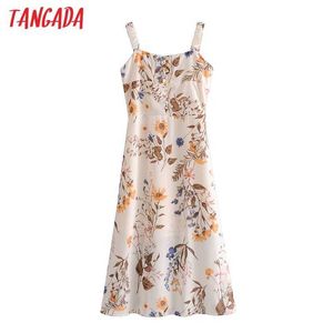 Tangada Fashion Women Leaf Print Dress Strap Sleeveless Ladies Summer Vintage Midi Dress Vestidos 6M2 210609