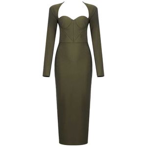 Ocstrade Runway Fashion Verde oliva Manica lunga Abito fasciatura Inverno Donna Midi Bodycon Club Party 210527