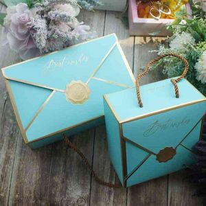 10 pezzi busta oro blu-verde migliore con manico in corda scatola di carta biscotto macaron caramelle matrimonio compleanno festa regali imballaggio H1231