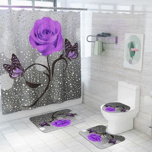 Floral Bath Mat and Shower Curtain Set Shower Curtain with Hooks Bath Rugs Anti Skid Bathroom Carpet Toilet Foot Pad Bath Mat 210724