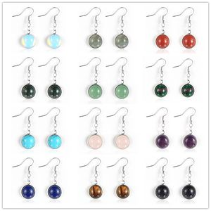 Women Natural Stone Charms 12mm Round Chakra Stones Turquoises Rose Quartz Dangled Earrings Tiger Eye Onyx Reiki Healing Earring Hook Jewelry